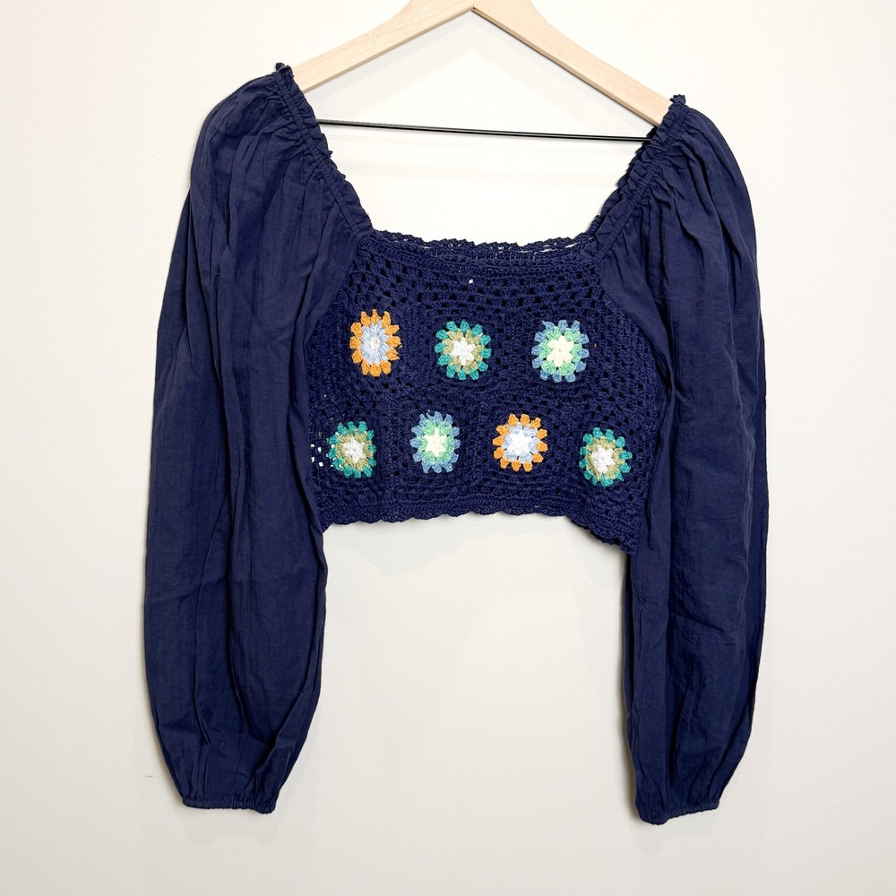 Aerie XS Navy Blue Cropped Puff Long Sleeve Crochet Flower Top Cotton Cottage
